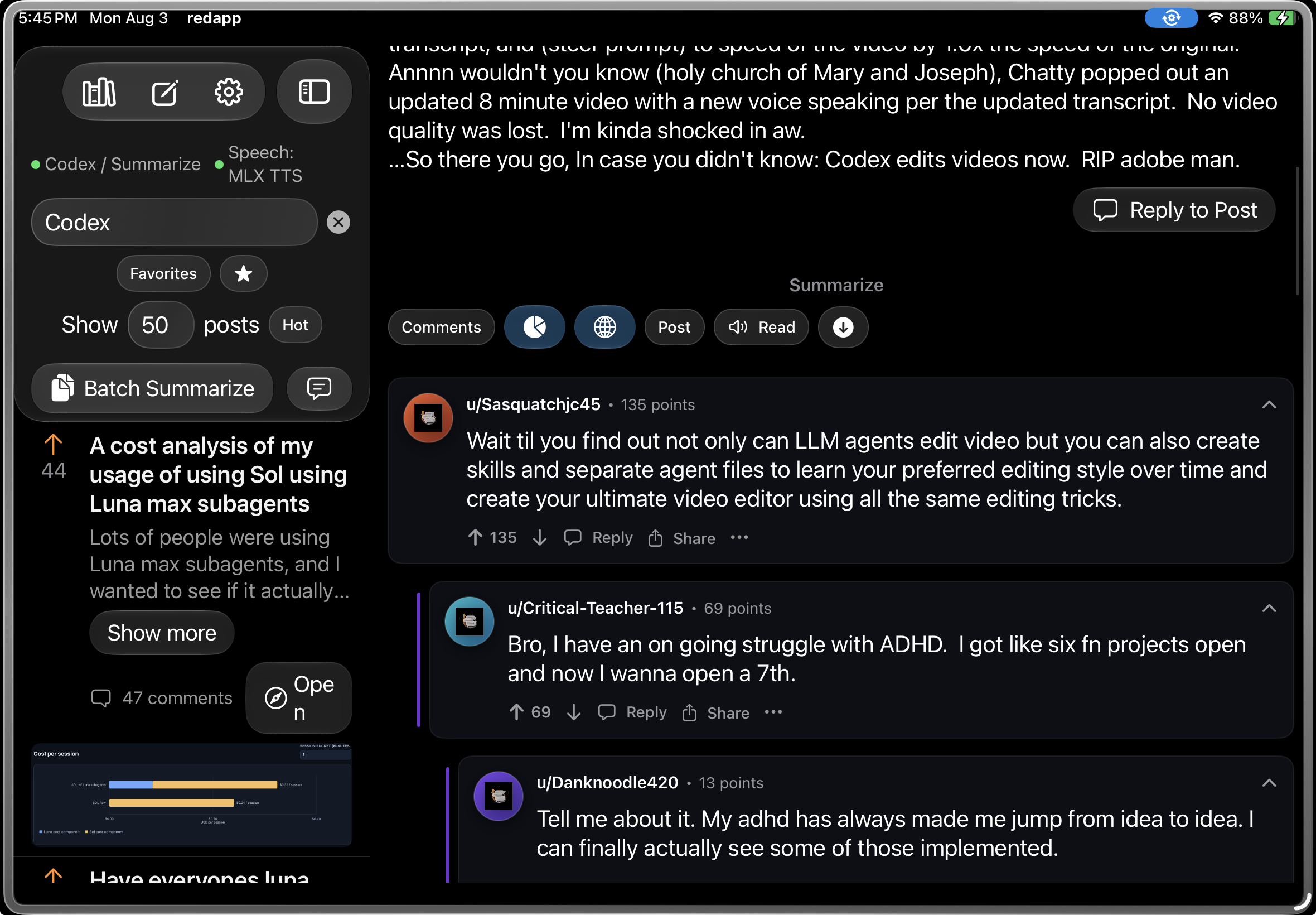 redapp showing a populated Reddit discussion with comments on iPad