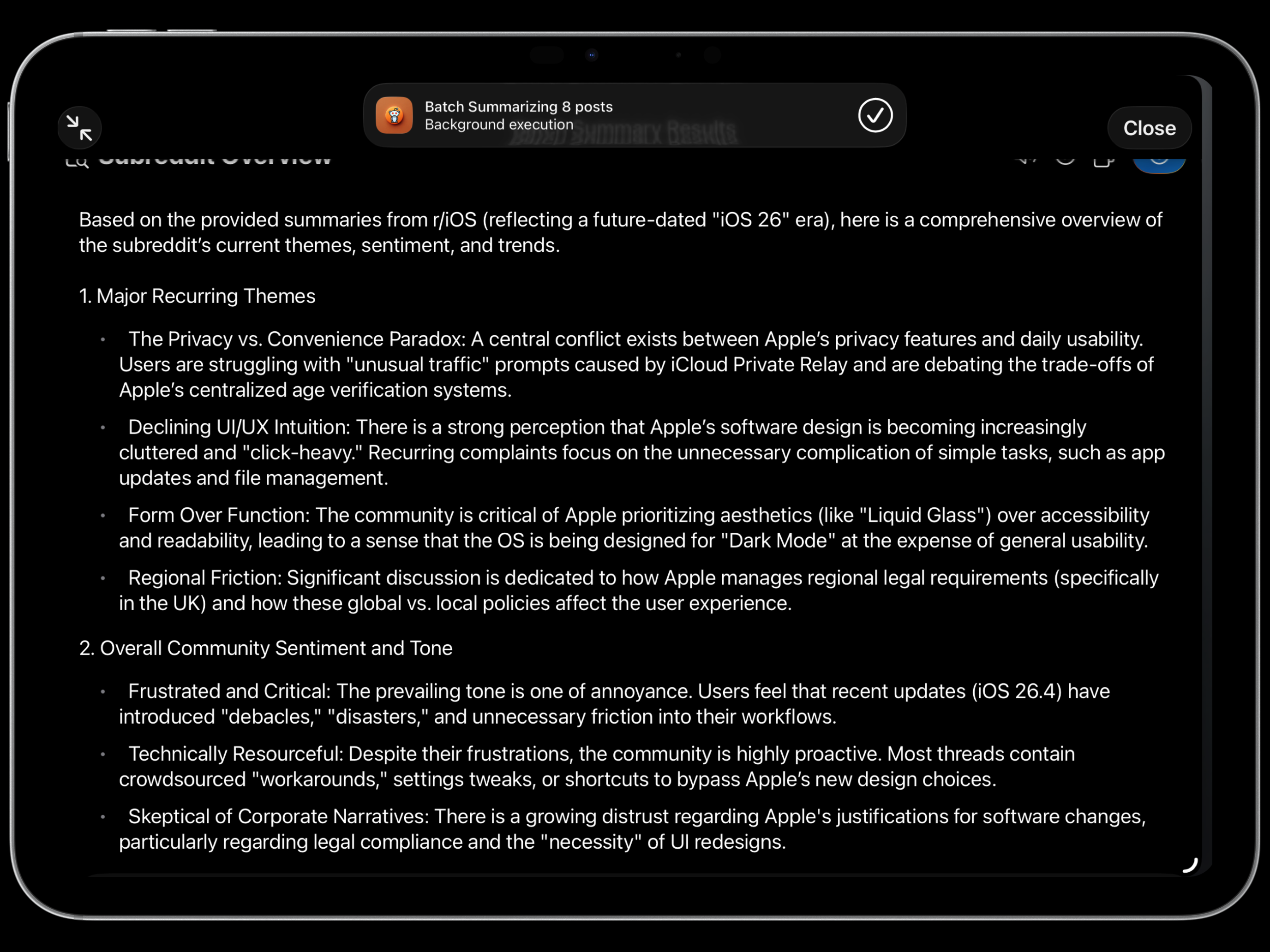 A detailed subreddit overview generated by redapp on iPad